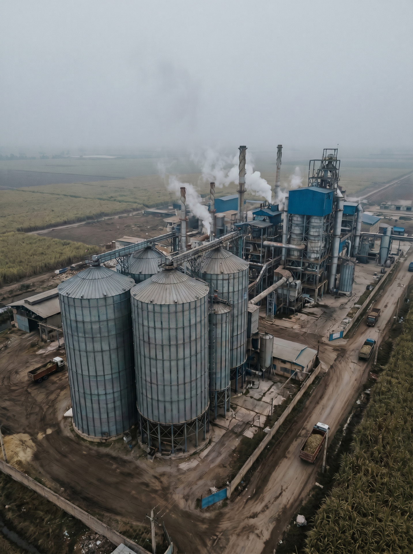 Aerial view of multi-crop insulated steel molasses storage silos at dusk