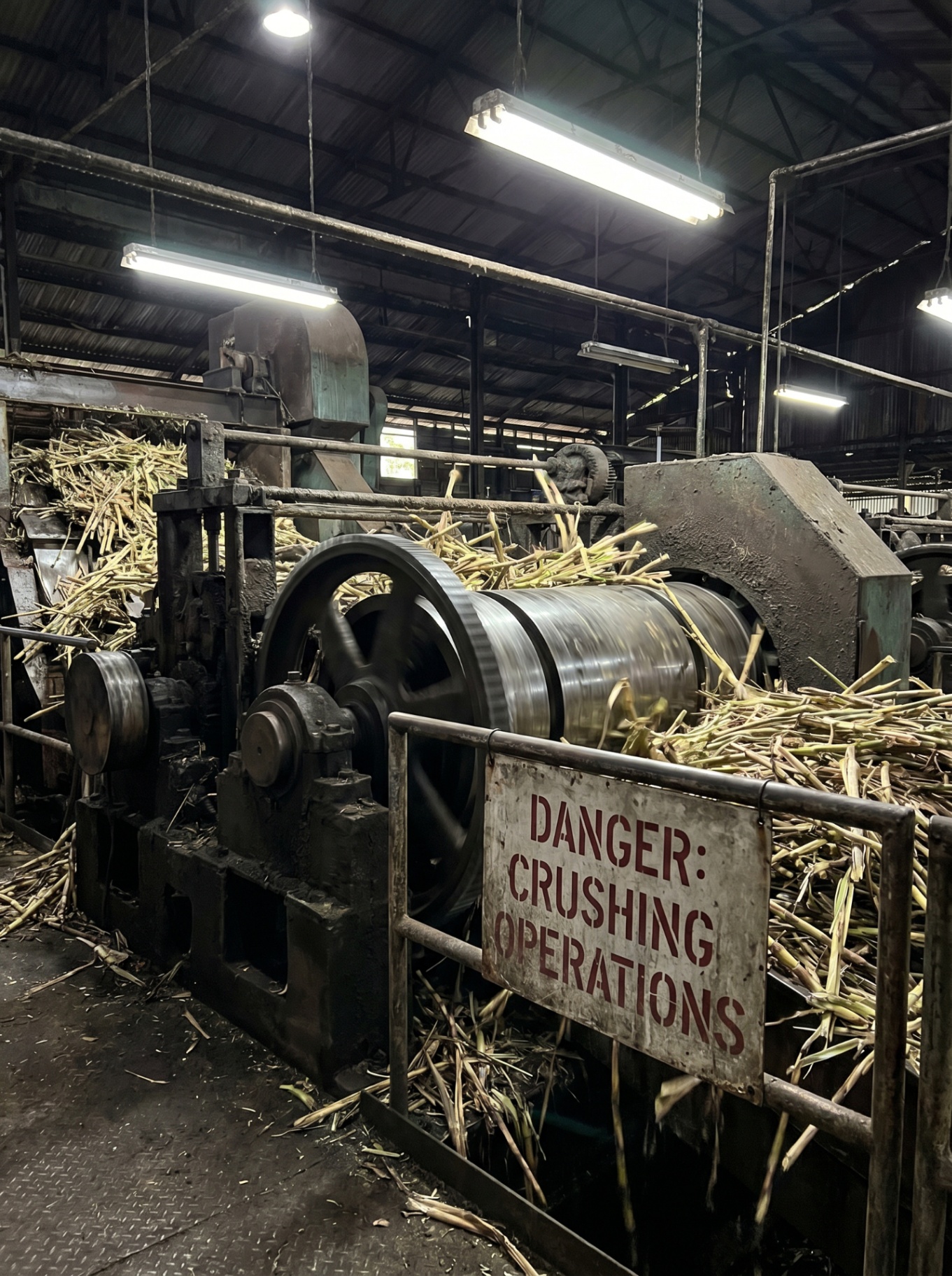 Heavy tandem 5-roller cane crusher processing raw sugarcane on conveyor